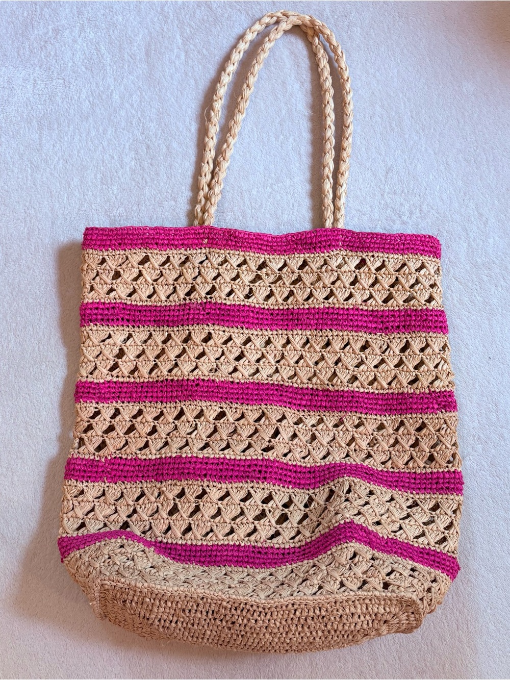 Mar y Sol Natural Raffia Crochet Summer Beach Tote with Hot Pink Stripes
